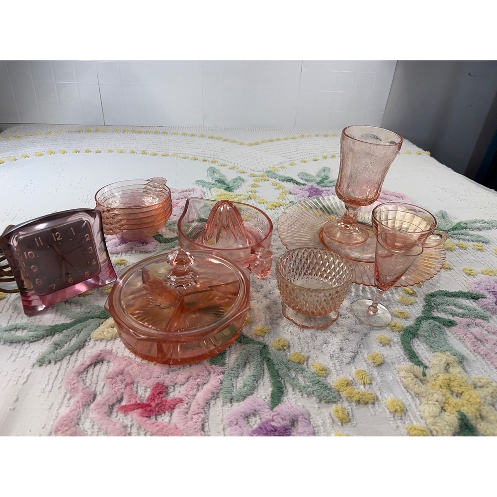Vintage Pink Depression Glass Set Gilbert Clock Sunkist Juicer Candy Dish 13 pc - Picture 3 of 16